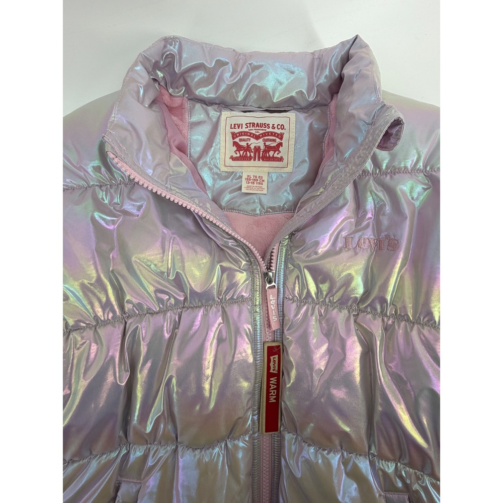 Levis Girls Iridescent Puffer Jacket Coat Holographic Pink Purple XL 13-15 Years - Picture 3 of 7